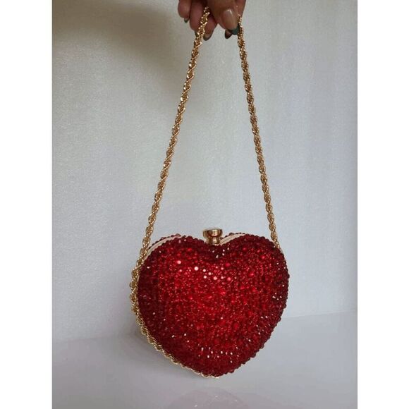 ❤️💎 Jeweled Sparkling Rhinestone Red Heart Shaped Chain Clutch Purse Bag NEW - Picture 3 of 16
